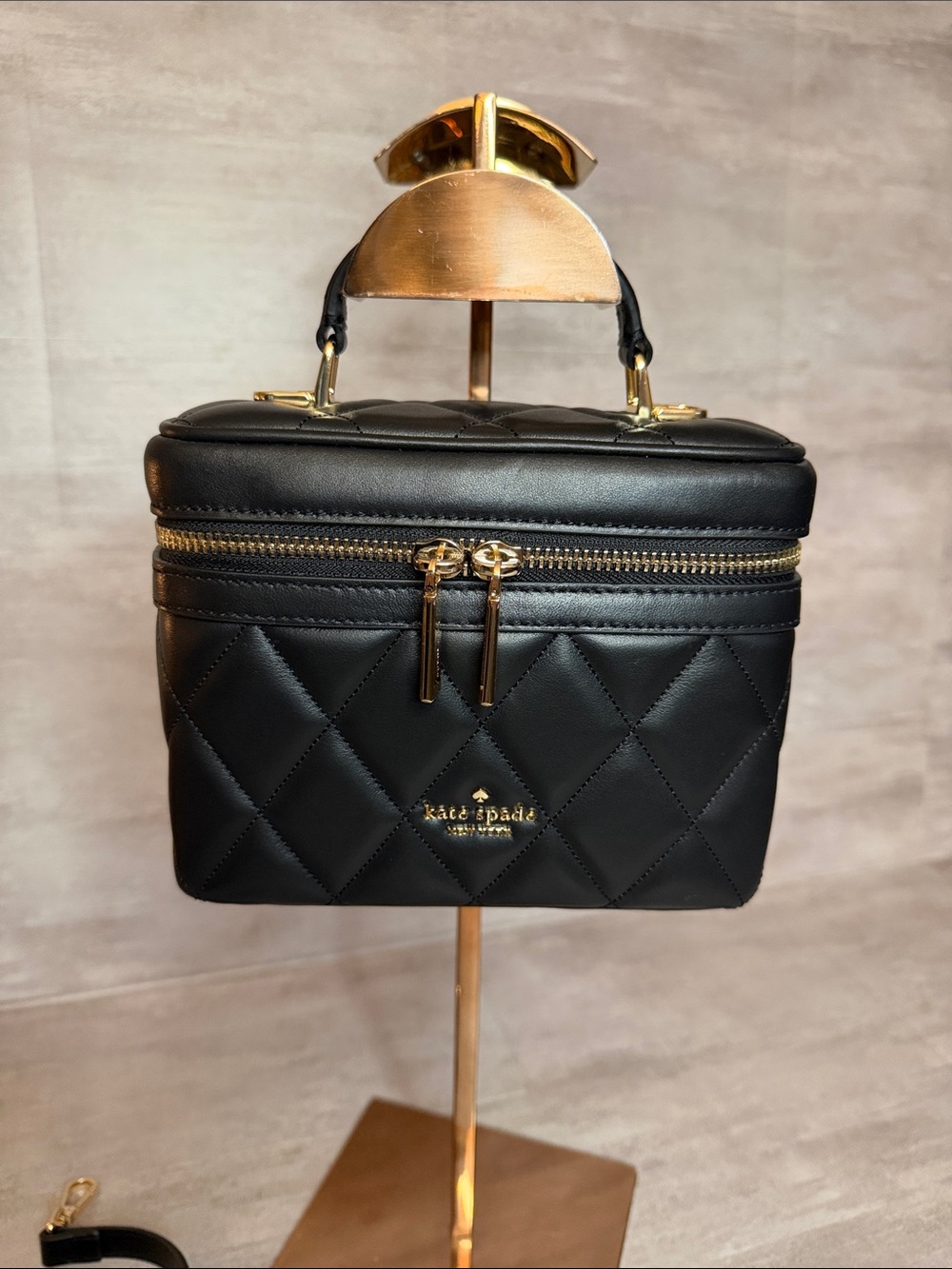 kate spade Black Quilted Trunk Vanity Crossbody with Gold Hardware- carey